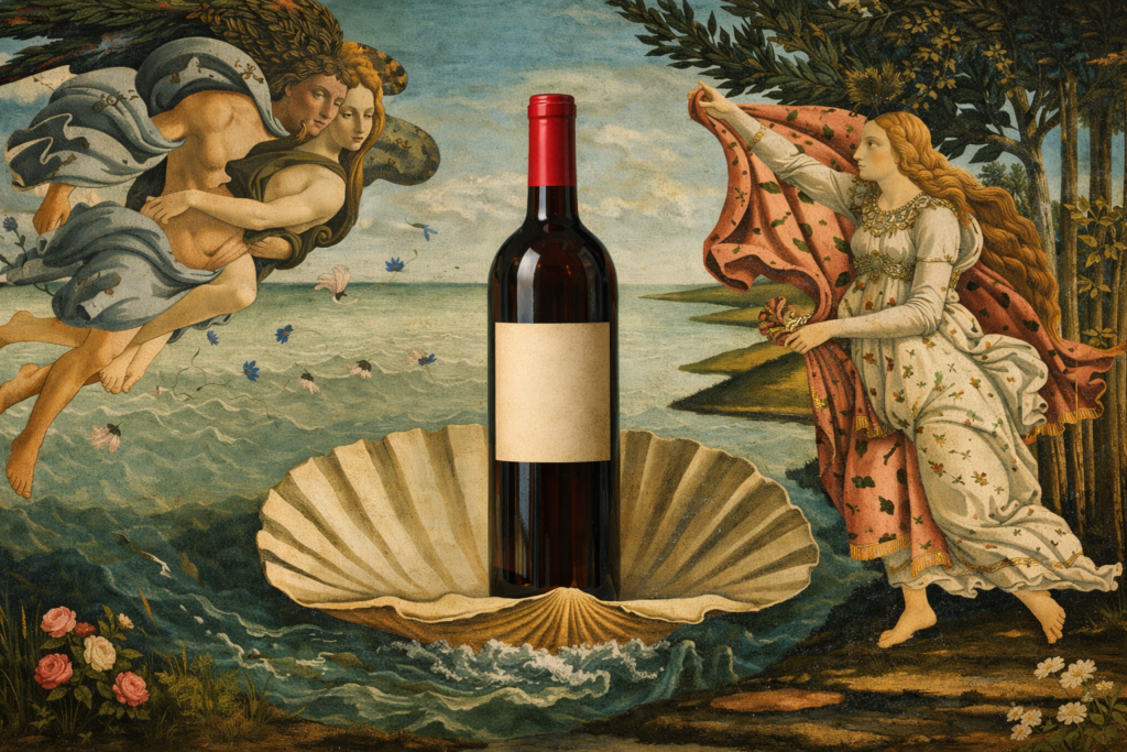 Lekfull anspelning på renässanstavlan "Venus födelse" av Sandro Botticelli, där Venus är utbytt mot en rödvinsflaska.