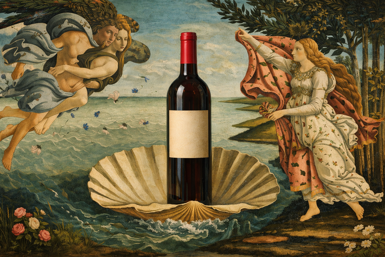 Lekfull anspelning på renässanstavlan "Venus födelse" av Sandro Botticelli, där Venus är utbytt mot en rödvinsflaska.